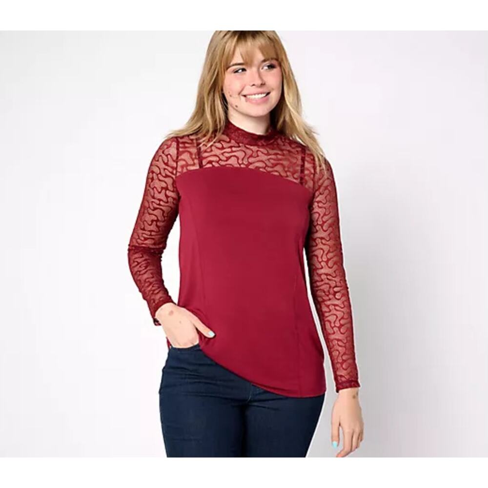 Logo Layers Red Abstract Squiggle Mesh Lace Long Sleeve Mock Neck Top Medium